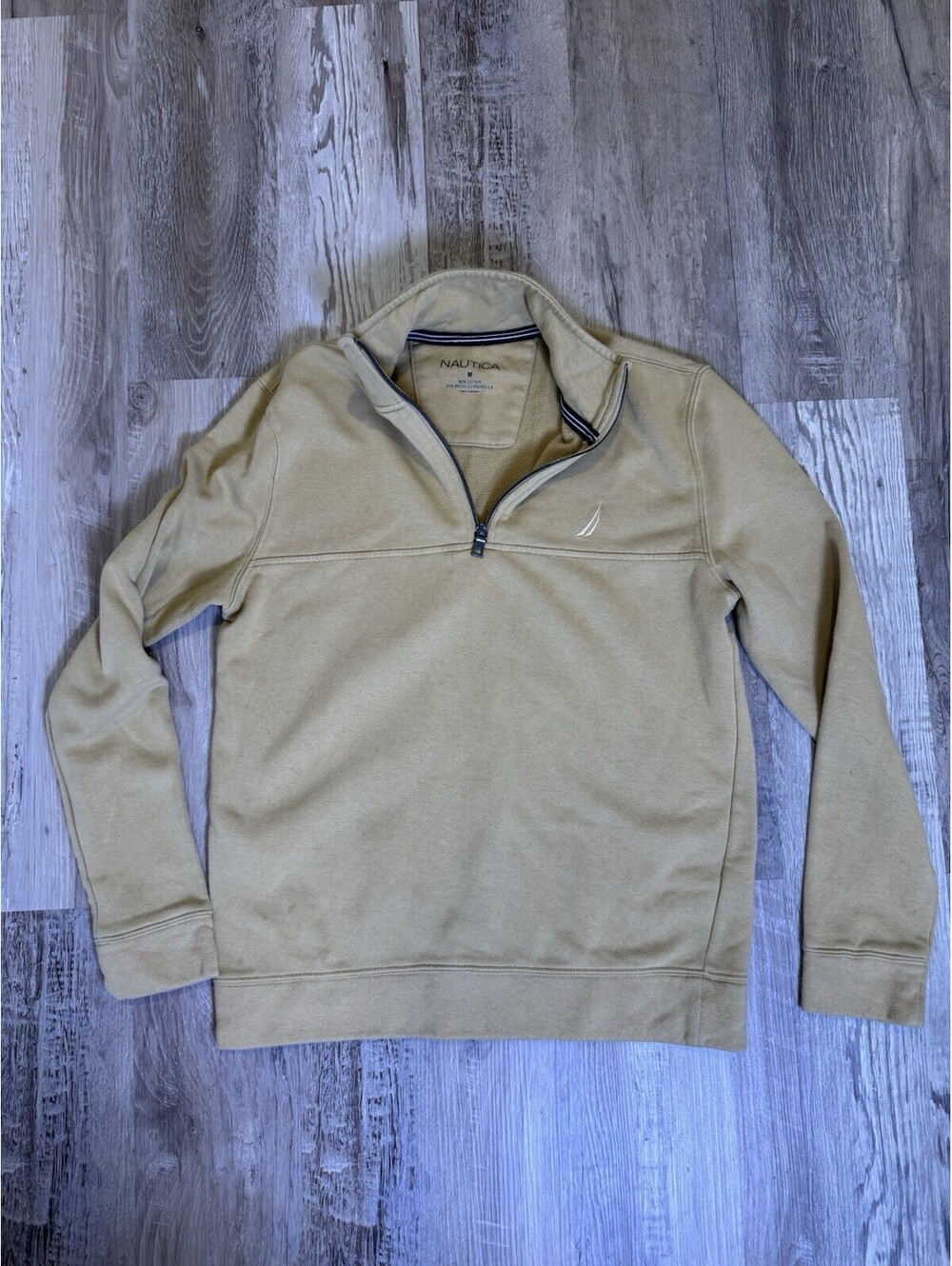 Nautica Men’s Medium Beige Tan 1/4 Zip Pullover Sweatshirt Embroidered Logo